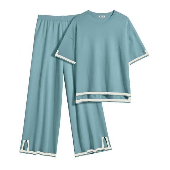 EKOUAER Lounge Set for Women Travel Outfits 2 Piece Sets Short Sleeve Sweater Top Wide Leg Long Pants Loungewear