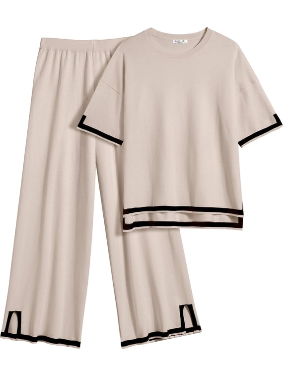 Lounge Set for Women Travel Outfits 2 Piece Sets Short Sleeve Sweater Top Wide Leg Long Pants Loungewear