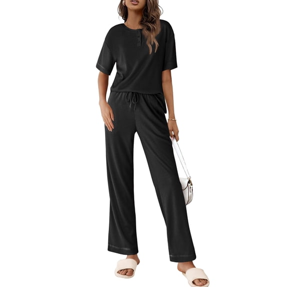 EKOUAER Lounge Sets for Women Waffle Knit Womens Pajama Sets 2 Piece Pjs Sets with Pockets Short Sleeve Top Long Pant