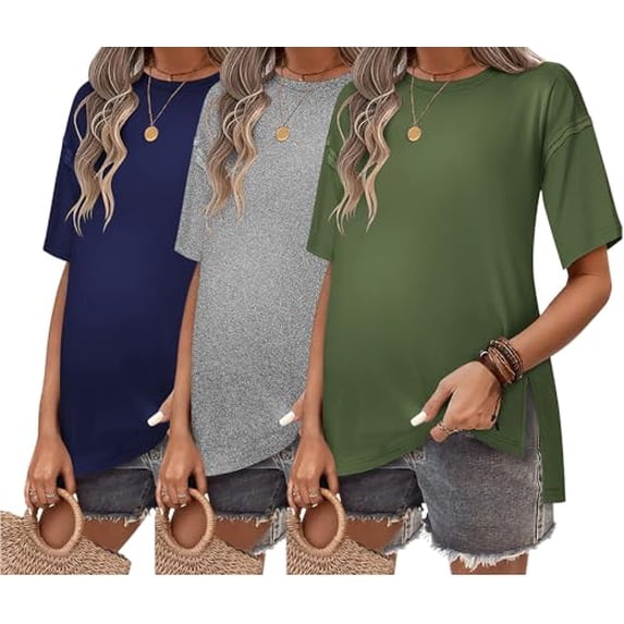 EKOUAER Maternity Shirts 3 Packs Short Sleeve Womens Oversized Pregnancy Tops Split Side Postpartum Blouse Clothes