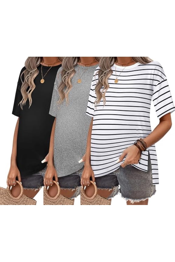 Maternity Shirts 3 Packs Short Sleeve Womens Oversized Pregnancy Tops Split Side Postpartum Blouse Clothes