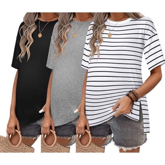 EKOUAER Maternity Shirts 3 Packs Short Sleeve Womens Oversized Pregnancy Tops Split Side Postpartum Blouse Clothes