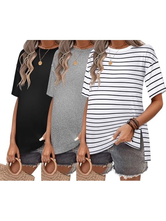 Maternity Shirts 3 Packs Short Sleeve Womens Oversized Pregnancy Tops Split Side Postpartum Blouse Clothes