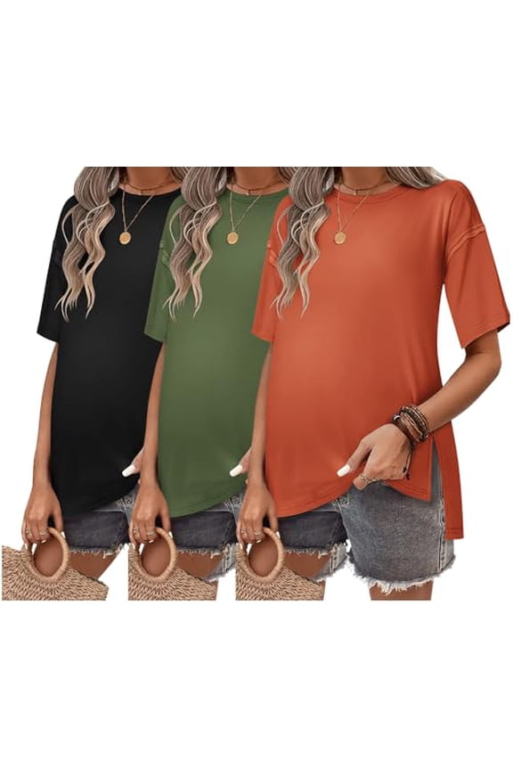 Maternity Shirts 3 Packs Short Sleeve Womens Pregnancy Tops Split Side Postpartum Blouse Clothes