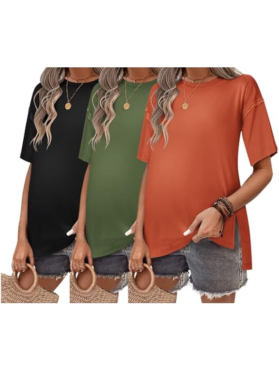 Maternity Shirts 3 Packs Short Sleeve Womens Pregnancy Tops Split Side Postpartum Blouse Clothes