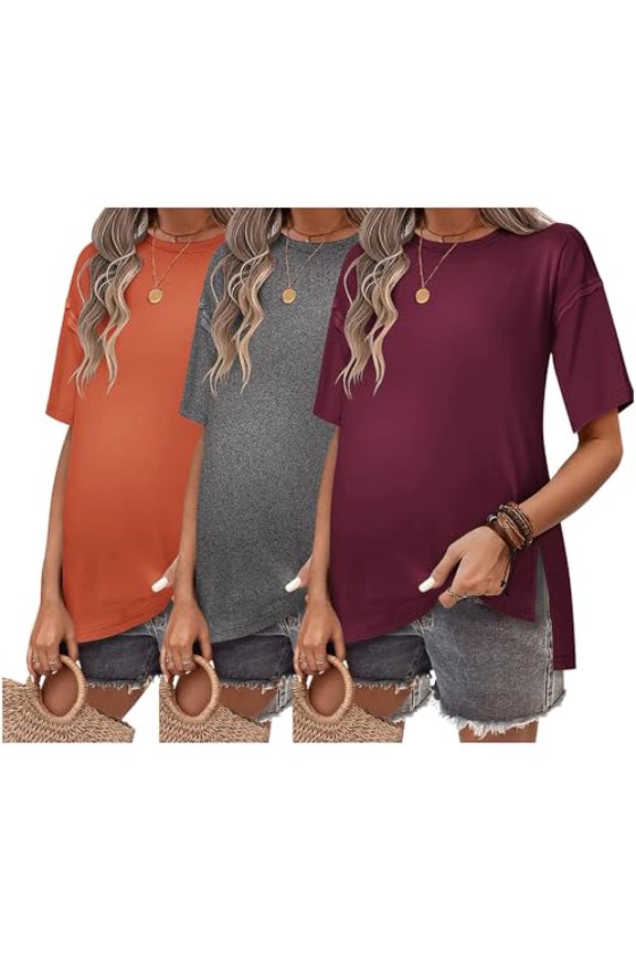 Maternity Shirts 3 Packs Short Sleeve Womens Pregnancy Tops Split Side Postpartum Blouse Clothes
