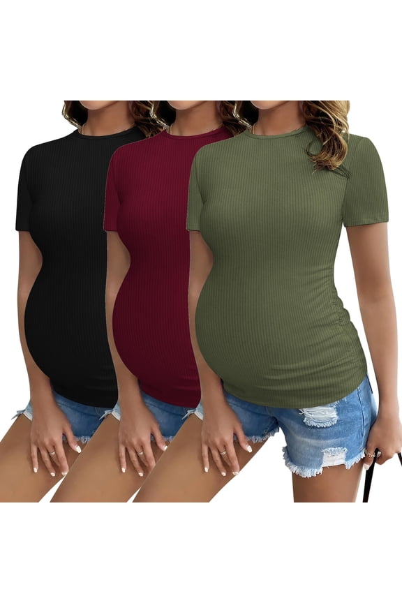 Maternity T Shirts for Women Summer Short Sleeve Pregnancy Tops Tunic Pack Black/Burgundy Red/Army Green