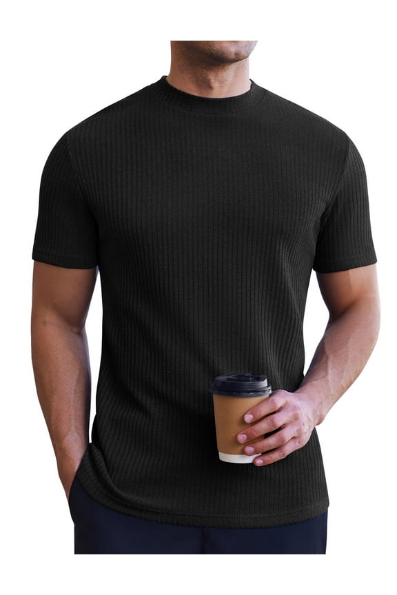 Mens Mock Turtleneck Short Sleeve Knit T Shirts Slim Fit Basic Thermal Tops Lightweight Tee