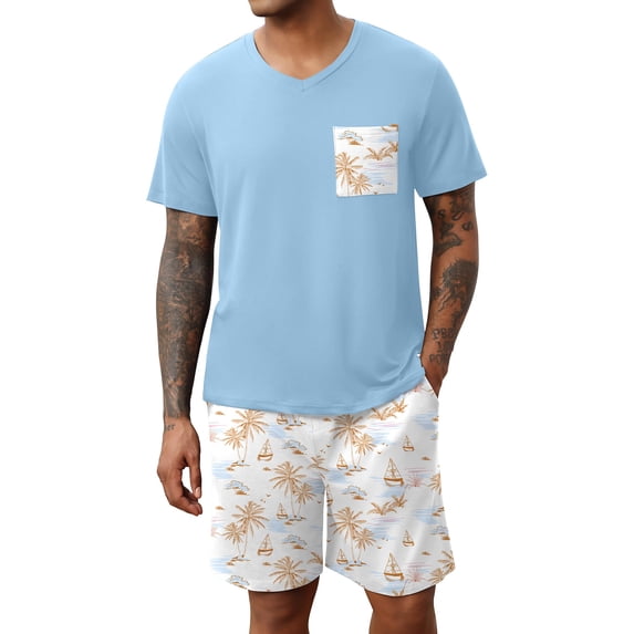 EKOUAER Mens Pajamas Set Soft Lounge Set V Neck Sleep Nightwear Short Sleeve Pjs with Pocket