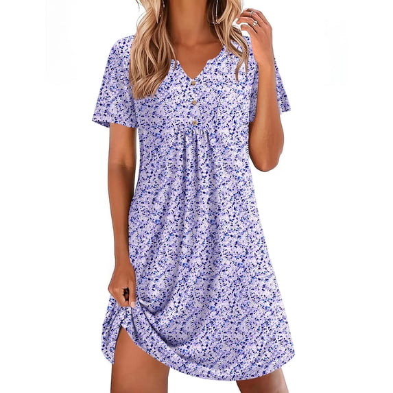 EKOUAER Nightgowns for Women Cotton Night Gowns Pleated Nightshirts Henley V Neck Sleepshirts Short Sleeve Sleepwear