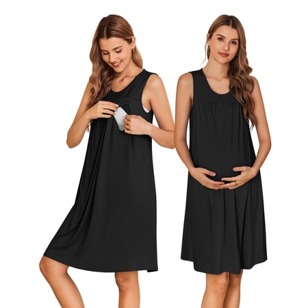 EKOUAER Nursing Nightgown Breastfeeding Gown Sleeveless Maternity Dress Pleated Tank Breastfeeding Pregnancy Clothes