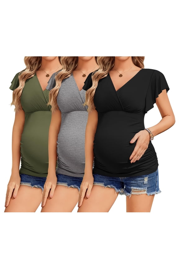 Nursing Shirts for Breastfeeding 3 Packs Pregnancy Top Flying Short Sleeve Maternity Clothes Army Green/Grey/Black