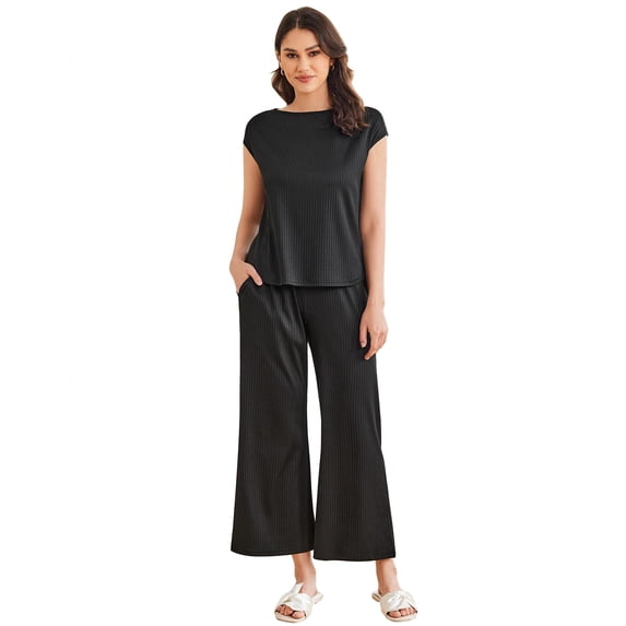 EKOUAER Pajama Sets for Women 2 Piece Casual Pj Set Rib Knit Cap Sleeve Soft Sleepwear
