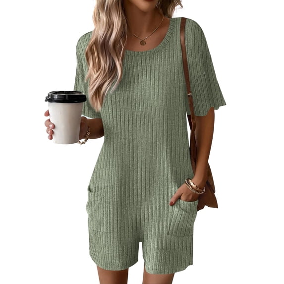 EKOUAER Rompers for Women Casual Ribbed Short Sleeve T-Shirt Tee Romper Summer Outfits with Pockets 2026