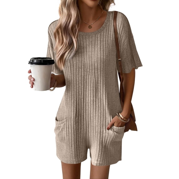 EKOUAER Rompers for Women Casual Ribbed Short Sleeve T-Shirt Tee Romper Summer Outfits with Pockets 2026