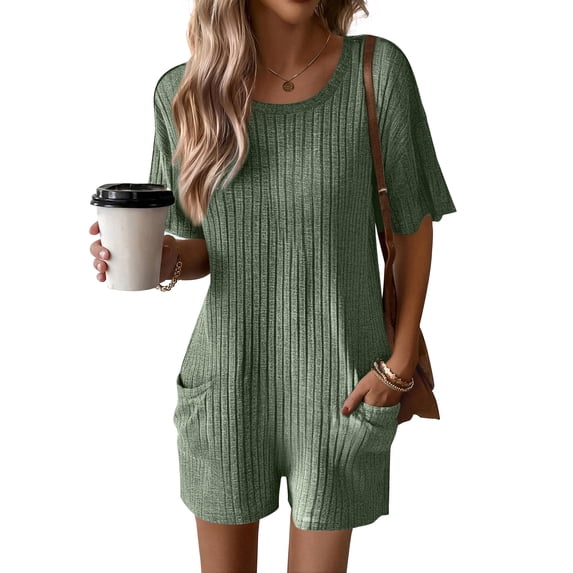 EKOUAER Rompers for Women Casual Ribbed Short Sleeve T-Shirt Tee Romper Summer Outfits with Pockets 2026