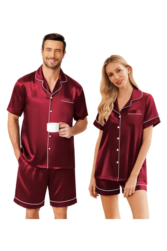 Satin Matching Pajamas Sets Couple Silk Button Down Sleepwear Women & Men Short Sleeve Pjs Lounge Set