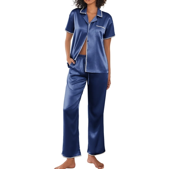 EKOUAER Silk Pajamas for Women Set Satin Two Piece Pjs Sets Ric Rac Trim Contrast Loungewear
