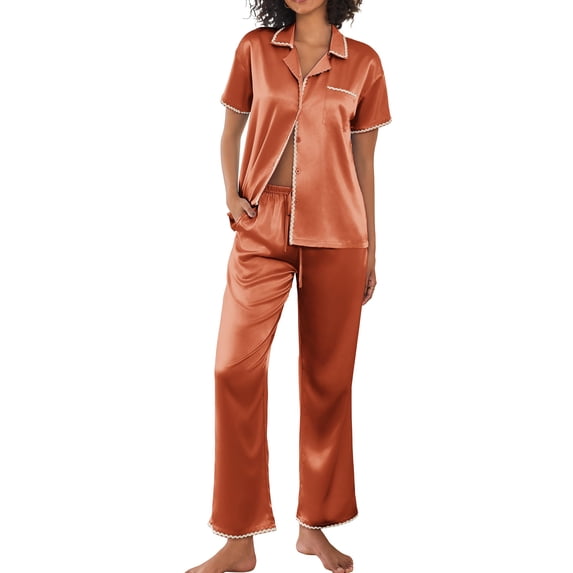 EKOUAER Silk Pajamas for Women Set Satin Two Piece Pjs Sets Ric Rac Trim Contrast Loungewear