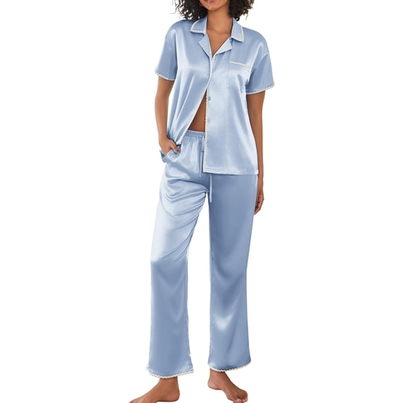 EKOUAER Silk Pajamas for Women Set Satin Two Piece Pjs Sets Ric Rac Trim Contrast Loungewear