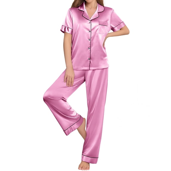 EKOUAER Women'S Silk Pajamas Set Button Up Satin Pjs Set Short Sleeve Button Down Pjs Pink Pj Set 2 Piece