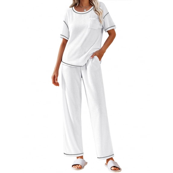 EKOUAER Women Waffle Knit Lounge Sets Short Sleeve Top and Long Pant Pajama Set Loungewear 2 Piece Pjs Set with Pockets