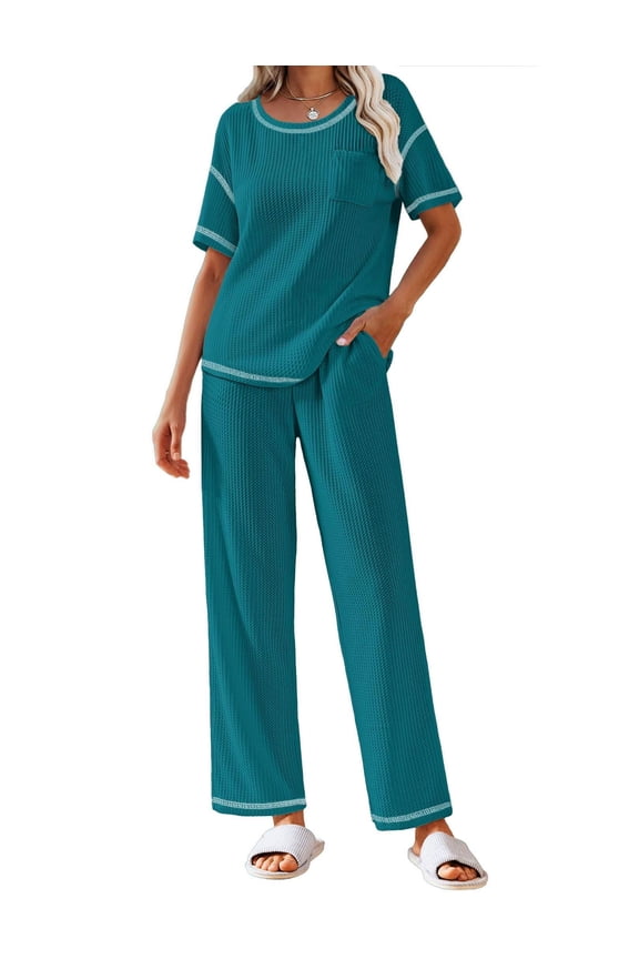 Women Waffle Knit Lounge Sets Short Sleeve Top and Long Pant Pajama Set Loungewear 2 Piece Pjs Set with Pockets