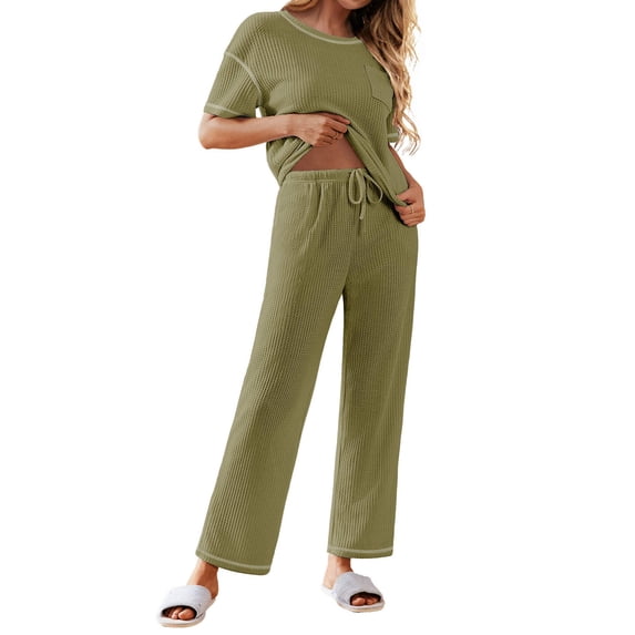 EKOUAER Women Waffle Knit Lounge Sets Short Sleeve Top and Long Pant Pajama Set Loungewear 2 Piece Pjs Set with Pockets