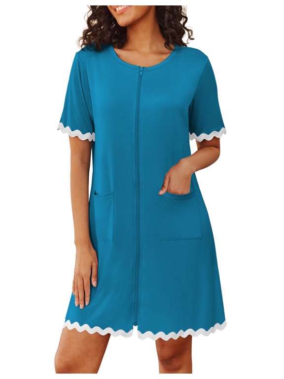 Women Zip Up Robe Lightweight Housecoats with Pockets Knee Length Short Bathrobes Soft Nightgown