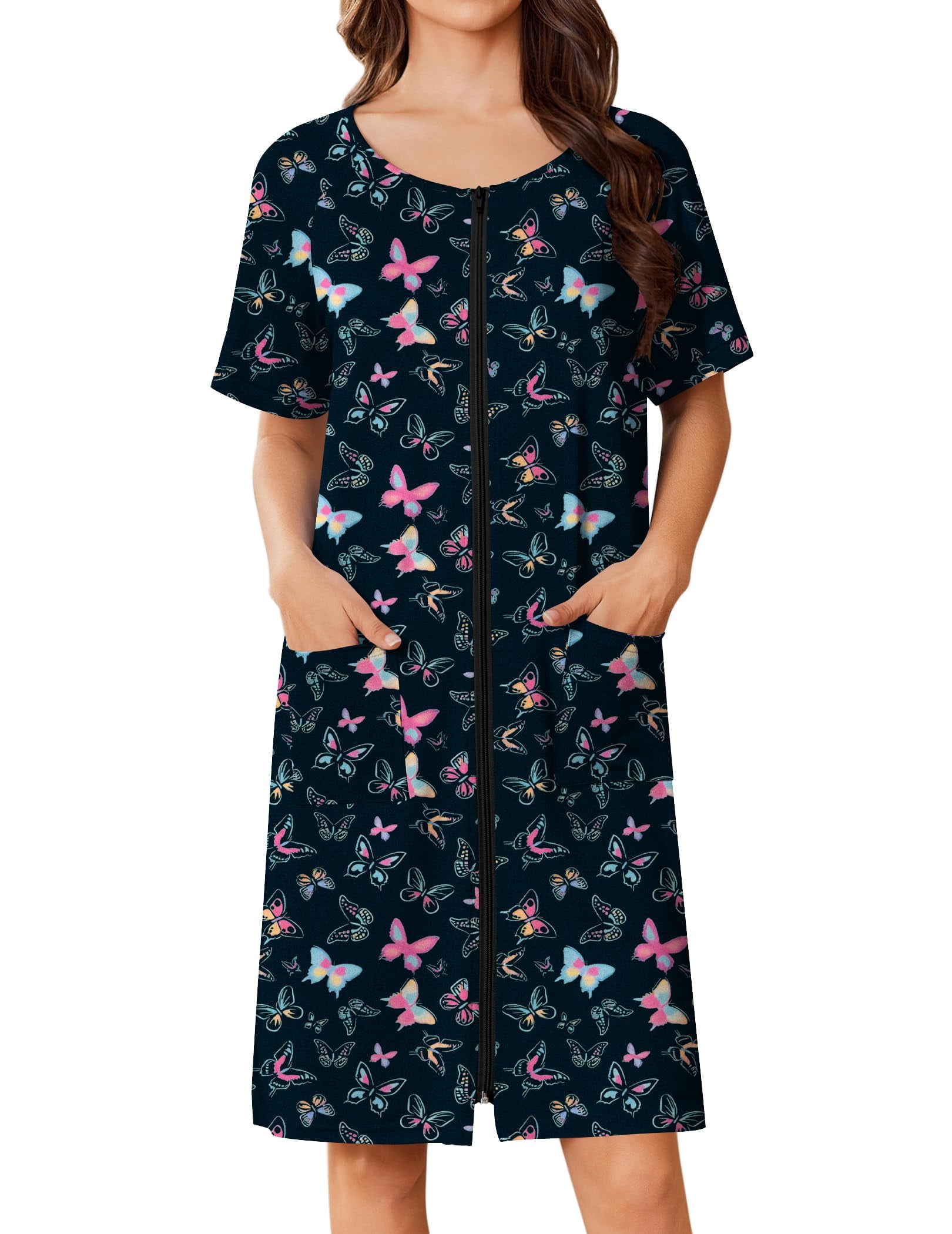EKOUAER Women Zip Up Robe Short Bathrobe Lightweight House Coats Floral ...