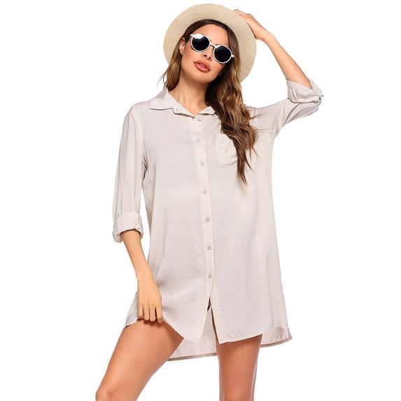 EKOUAER Women's Beach Bikini Cover-up Long Roll-up Sleeve Beach Shirt Bathing Suit Cover Up