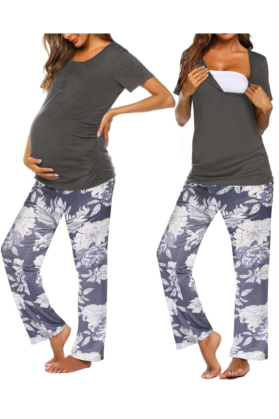 Women's Maternity Nursing Pajamas Set Breastfeeding Sleepwear Short Sleeve Top & Pants Pjs for Pregnant
