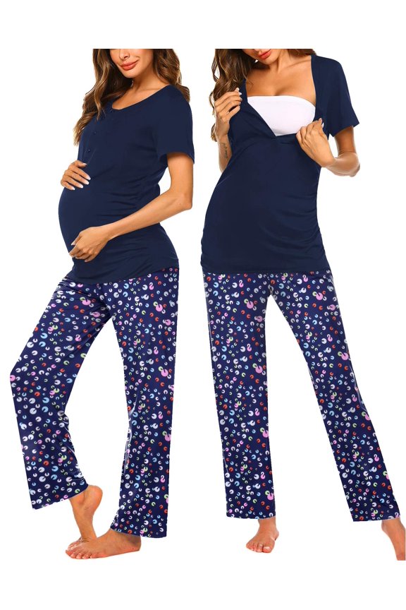 Women's Maternity Nursing Pajamas Set Breastfeeding Sleepwear Short Sleeve Top & Pants Pjs for Pregnant