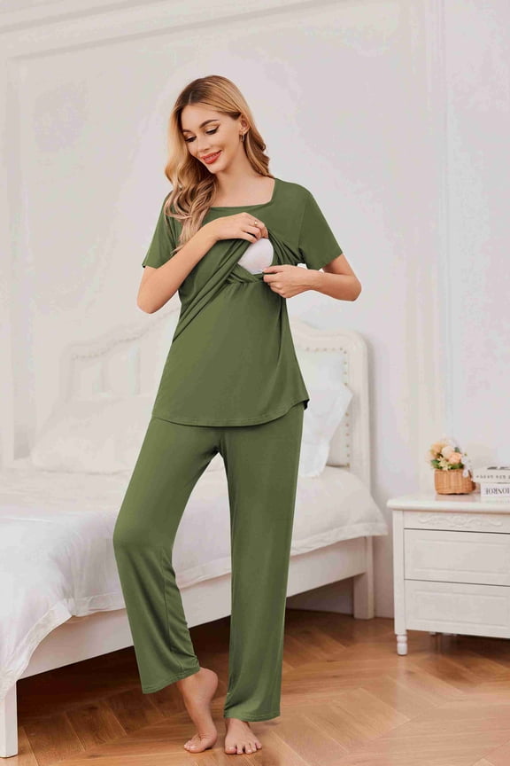 Women's Maternity Nursing Pajamas Sets Short Sleeve Postpartum Pregnancy Pajama for Hospital Breastfeeding PJS with Pants
