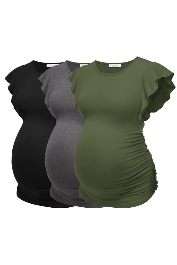 Women's Maternity Tops 3 Packs Flying Short Sleeve Side Ruched Tunic T-Shirt Pregnancy Clothes Black/Dark Grey/Army Green