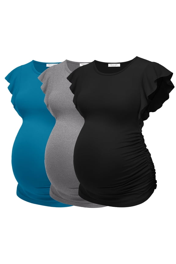 Women's Maternity Tops 3 Packs Flying Short Sleeve Side Ruched Tunic T-Shirt Pregnancy Clothes Lake Blue/Grey/Black