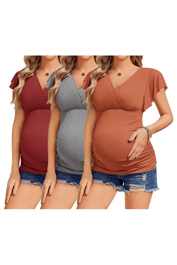 Women's Maternity Tops 3 Packs V Neck Breastfeeding Shirts Short Sleeve Pregnancy Blouses Caramel/Grey/Wine Red