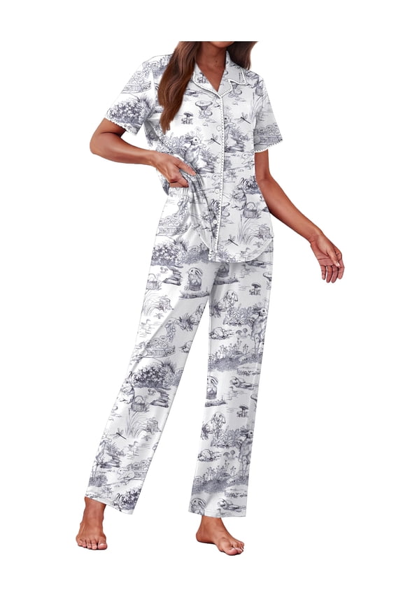 Women's Pajama Sets Button Down Loungewear Short Sleeve Sleepwear 2 Piece Pants Pjs Set with Pockets