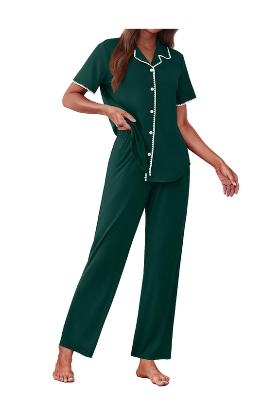 Women's Pajama Sets Button Down Loungewear Short Sleeve Sleepwear 2 Piece Pants Pjs Set with Pockets