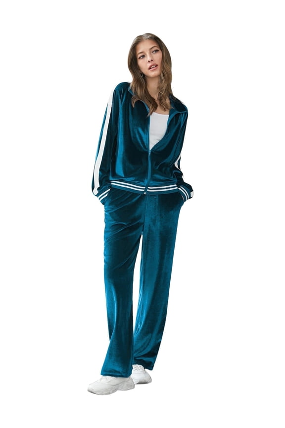 Women's Velvet Velor Tracksuits 2 Piece Lounge Outfits Zip Up Sweatshirt and Sweatpants with Pockets