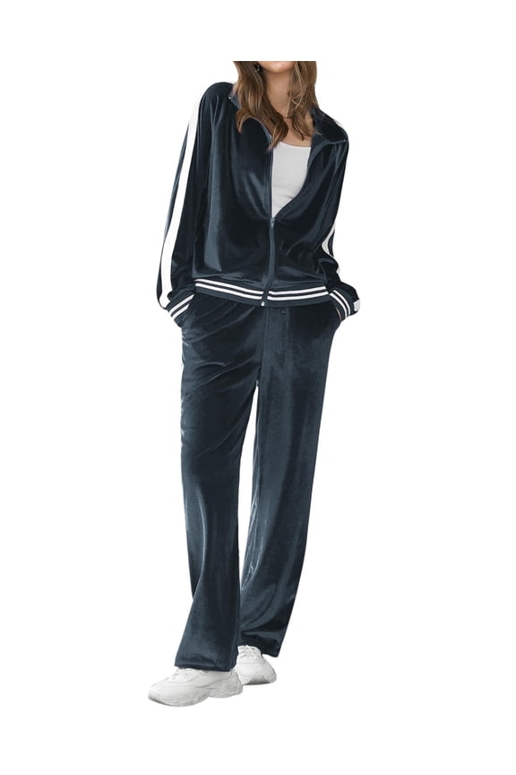 Women's Velvet Velor Tracksuits 2 Piece Lounge Outfits Zip Up Sweatshirt and Sweatpants with Pockets