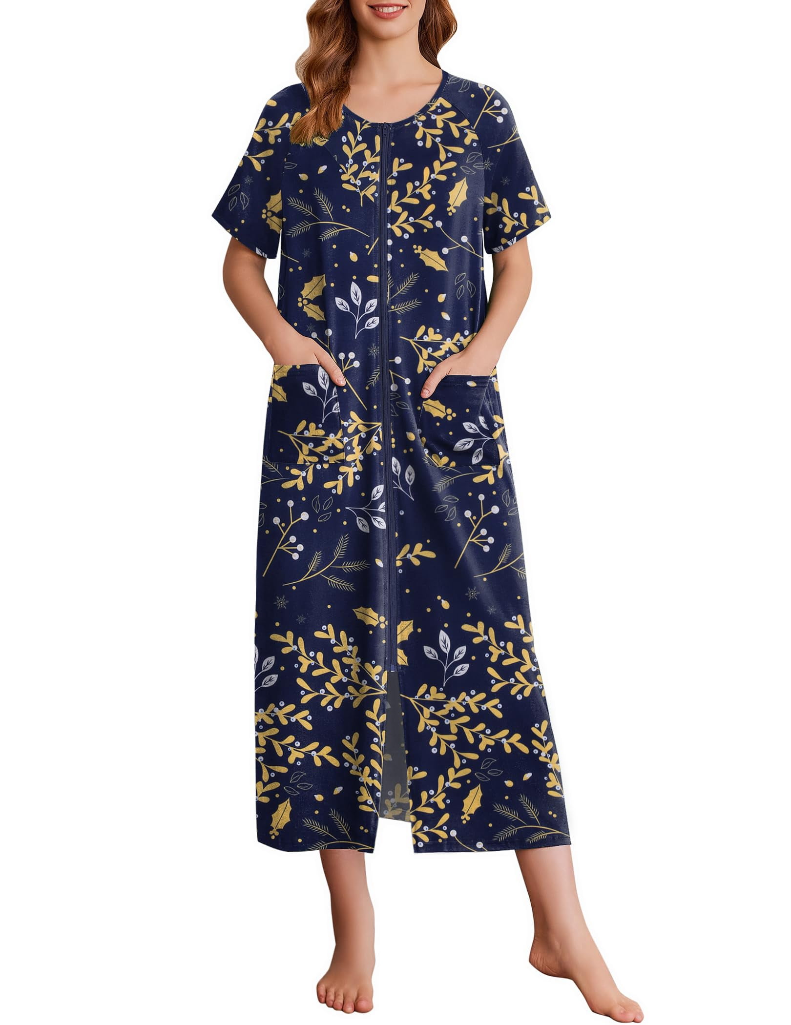 EKOUAER Women's Zipper Robes Full Length Short Sleeve Housecoats House ...