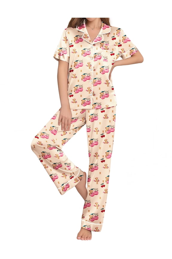 Womens Cute Teddy Bear Silk Pajamas Set Button Down Satin Pjs Short Sleeve Sleepwear Loungewear 2 Piece