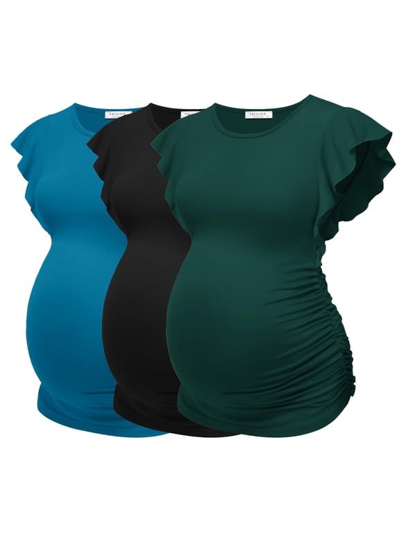 Womens Maternity Shirts Flying Short Sleeve 3 Packs Crew Neck Pregnancy Tee Tops Tunic Blouse Soft Mama Clothes Lake Green/Black/Lake Blue