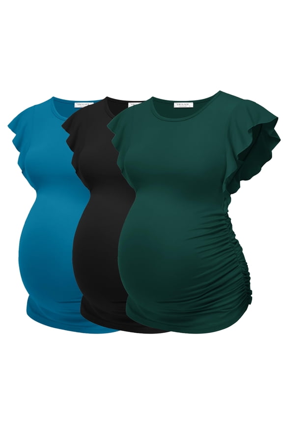 Womens Maternity Shirts Flying Short Sleeve 3 Packs Crew Neck Pregnancy Tee Tops Tunic Blouse Soft Mama Clothes Lake Green/Black/Lake Blue