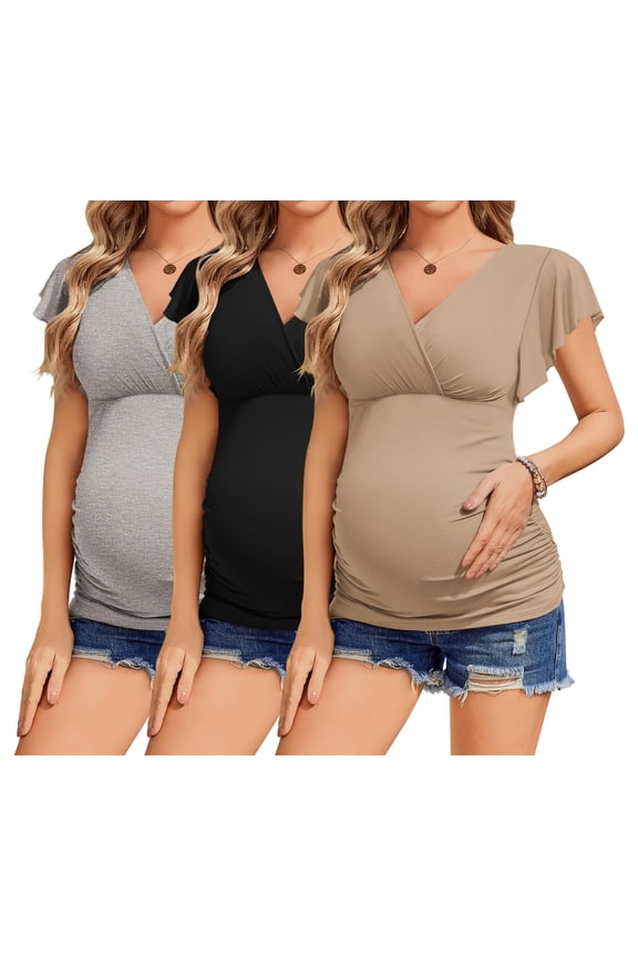 Womens Maternity T Shirts 3 Packs Tunic Nursing Tops Short Sleeve Pregnancy Clothes Light Grey/Black/Khaki