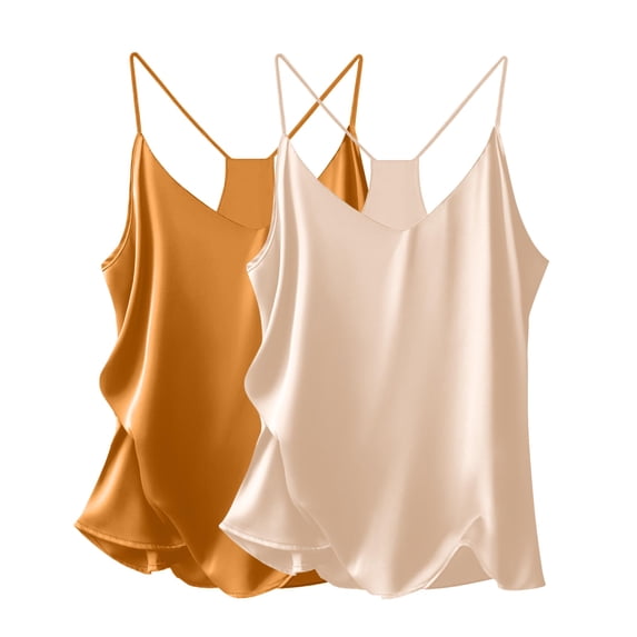 EKOUAER Womens Satin Cami Tops 2 Pack V Neck Silk Camisole Tank Top Spaghetti Strap Racerback Camis Blouse Shirt