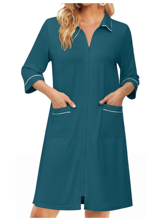 Zipper Robes for Women 3/4 Sleeve Housecoats Knee Length Bathrobe Lightweight Nightgown with Pockets