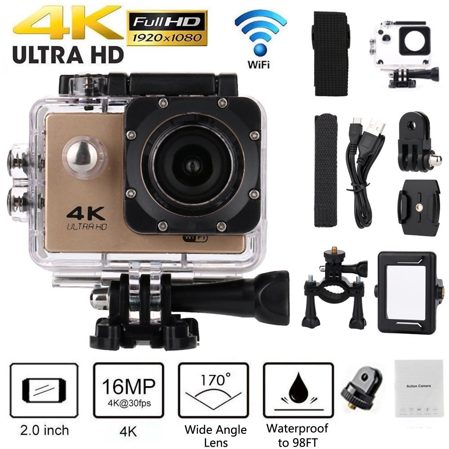 Original H9 Action Camera Ultra HD 4K/30fps WiFi 2.0-inch 170D Underwater  Waterproof Helmet Video