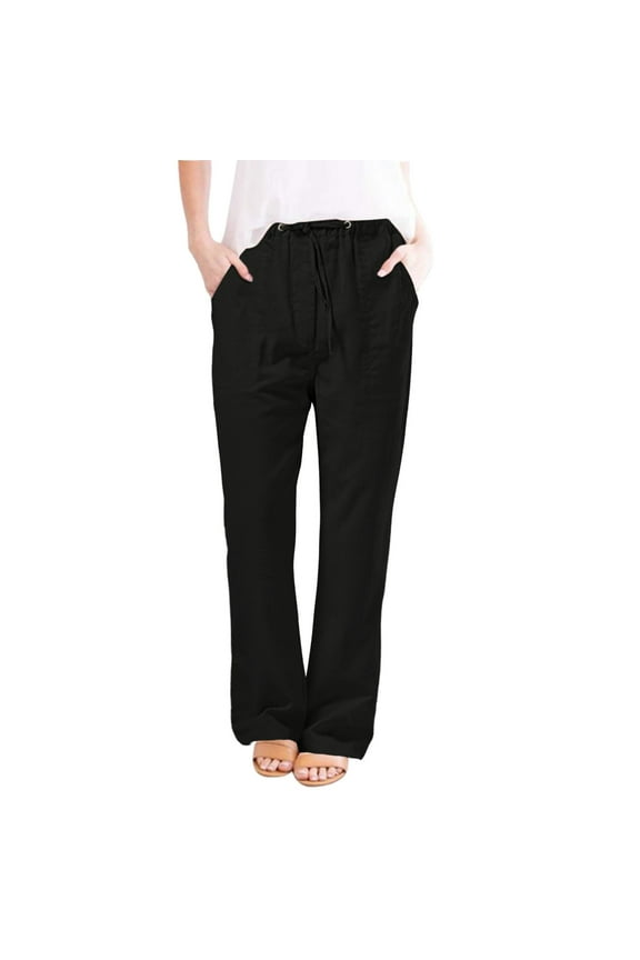 Womens Fashion Cargo Pants Women Casual Cotton Hemp Drawstring Solid Color Beach Trousers Plus Size Womens Pants Black 4X